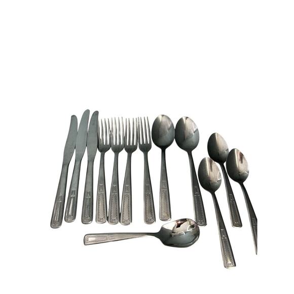 13 pcs Imperial Lady Hubbard ? Greek Key ? Pattern Stainless Steel Vintage USA - Picture 1 of 7